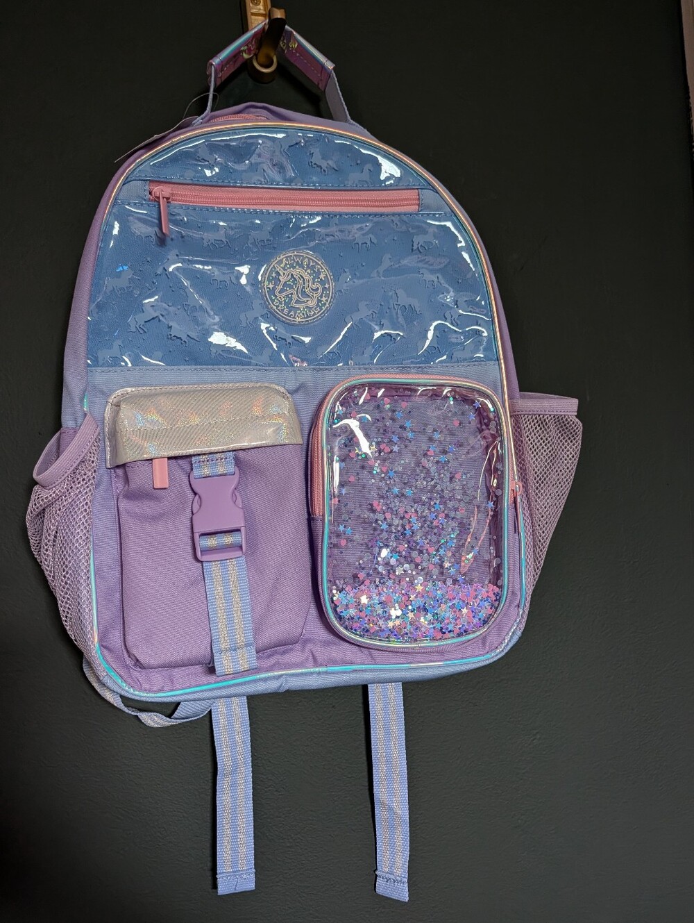 Purple Glitter Backpack with Clear Front Pocket